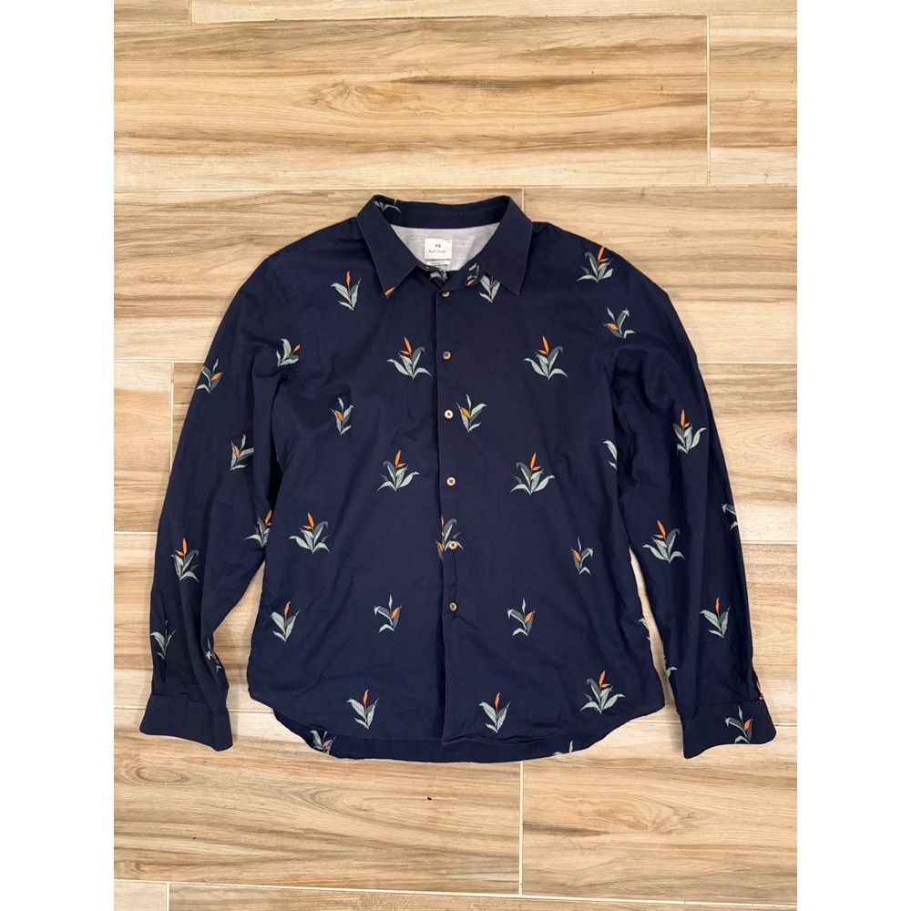 PS Paul‎ Smith Mens XL Navy Bird of Paradise Floral Tailored Fit Button Up Shirt